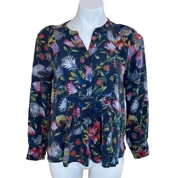 J. Crew Silk Pleated Floral peplum popover Blouse Top Navy Blue Multicol… - Picture 4 of 7